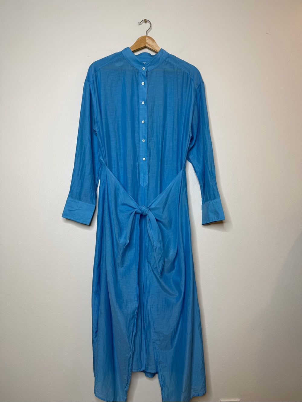 Xirena Cotton Silk Wrap Waist Button Up collarless midi dress sheer lightweight